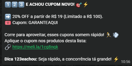 Mensagem do 123eachou com cupom de 20% OFF usando o código GARANTEAQUI