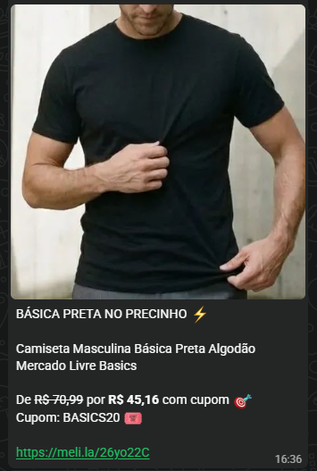 Oferta de camiseta masculina básica preta por R$ 45,16 com cupom BASICS20